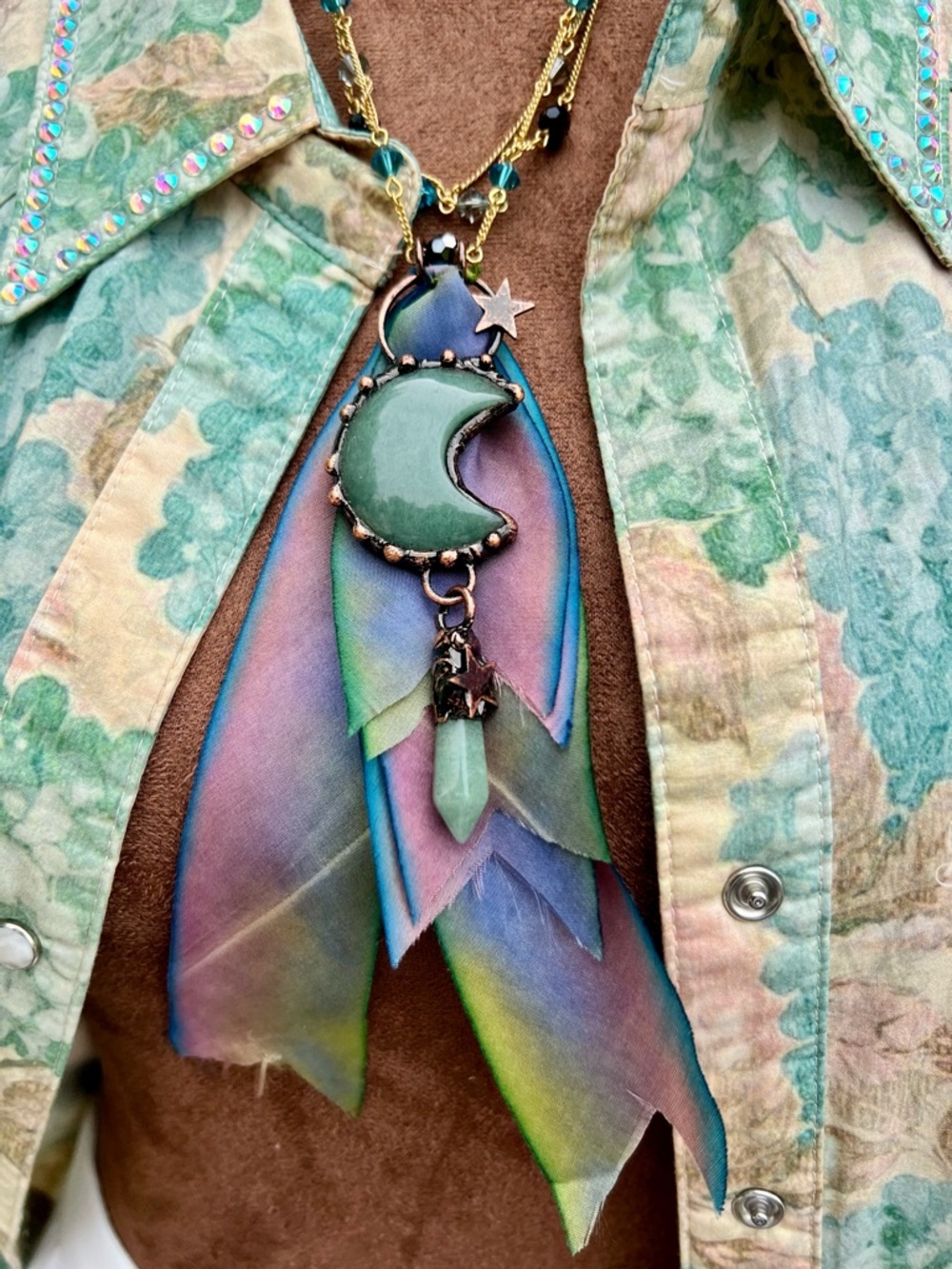 Handcrafted Green Crescent Moon Pendant Silk Ribbon Necklace Boho Women Jewelry